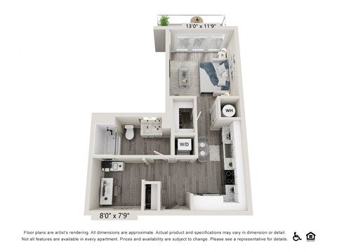 Floor plan for 1 bed, 1 bath, 585 sqft
